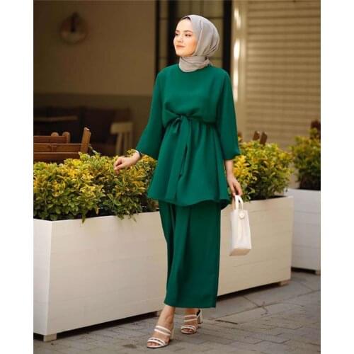 Muslim Women Arab Suit Fashion Long Sleeve Tops + Wide Leg Pants Islamic Two Piece Set Outfits Female Blouses Women Sets