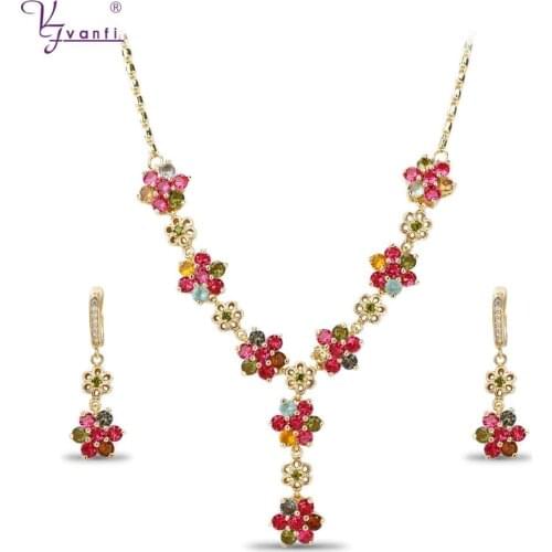 Kfvanfi Flower Multicolour Crystal Cubic Zirconia Jewelry Long Necklace And Dangle Earrings Set