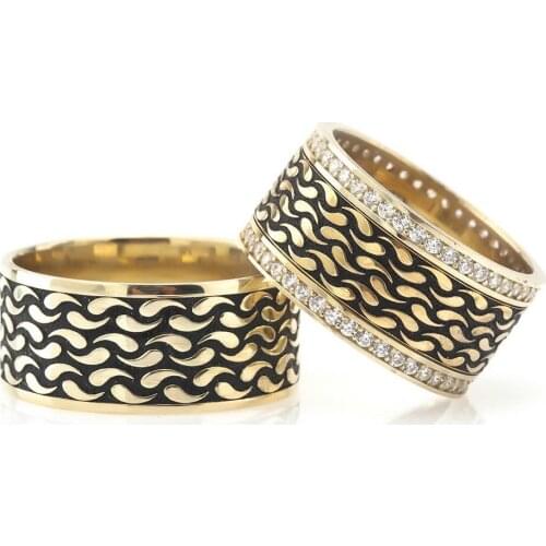 Tesbihane Drop Pattern Embroidered 925 Sterling Silver Couple Wedding Rings
