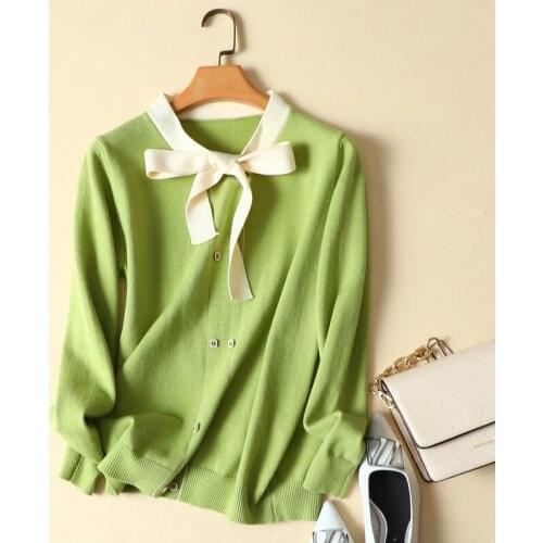 2021 Autumn New Knitted Women Sweaters and Pullovers Solid Bow Neck Long-Sleeved Office Lady Elegant Outwear Coat Tops