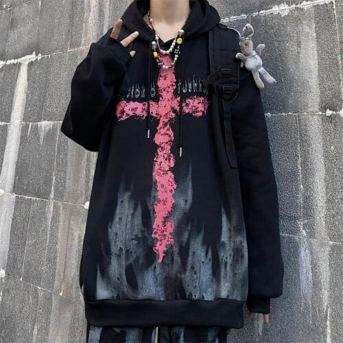 Autumn and winter ins Harajuku style dark cross print loose plus velvet plus size sweater men and women couple Anime tide hoodie
