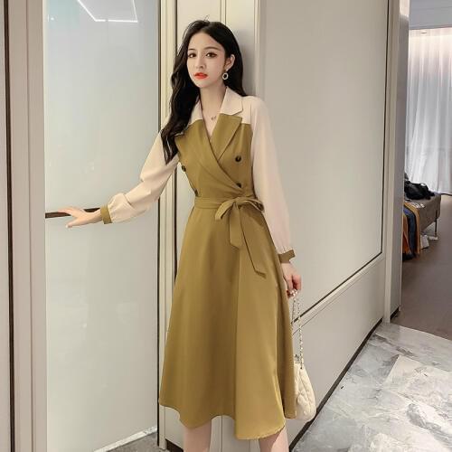 Contrast Spring Winter Dress Women Long Sleeve Corset Button OL Work Office Dress Women with Belt Midi Green Red Dress for Woman