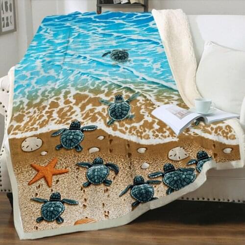 3D Print Sea turtle Plush Throw Blanket Sherpa Fleece Bedspread Blanket Vintage Bedding Square Picnic Wool Soft Blanket
