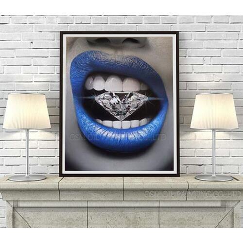 Professional Artist Handmade High Quality Modern Art Oil Painting on Canvas Lips Biting Dollar Cash and Diamond Oil Painting