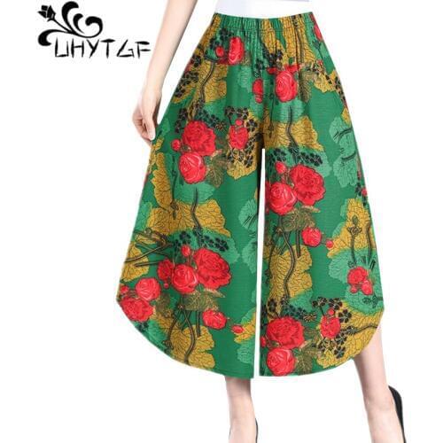 UHYTGF New summer skirt pants womens fashion cotton silk printing elegant wide-leg pants soft comfortable plus size trousers 858