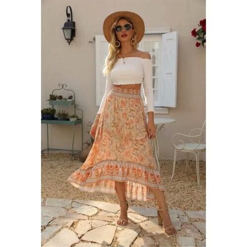 Summer fashion Vintage women Hippie beach Bohemian floral Peacock print skirt High Elastic Waist Maxi A-Line Boho Skirt Femme