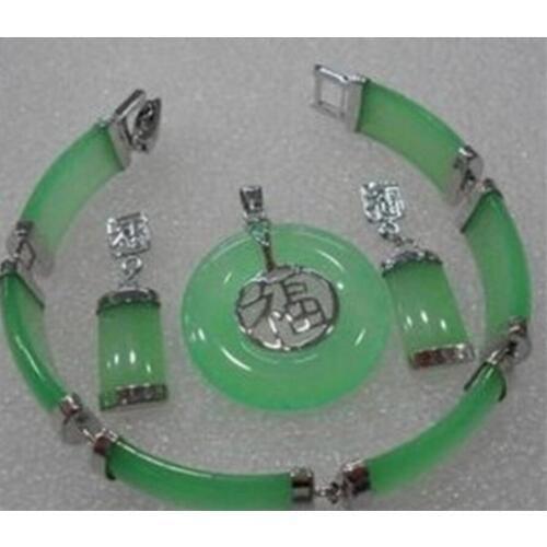 Jewelry Free Shipping Lucky green jade silver-color pendant bracelet earring set