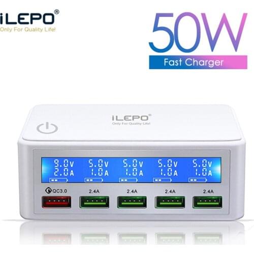 ILEPO USB Fast Charger 50W 5 Ports LED Display QC3.0 Quick Charge Desktop Charging Station For iPhone iPad Huawei Xiaomi Tablet