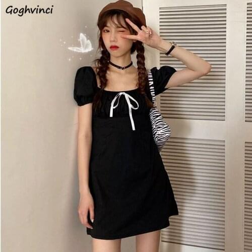 Dresses Women Square Collar Retro Causal Summer Solid Chic Preppy Style Student Streetwear Bowknot Design Fashion Mujer Mini Ins