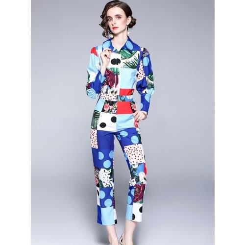 Fashion Runway Designers Spring Suit Women Long Sleeve Turn Down Collar Print Vintage Shirt Pants 2 Piece Set Office Outfits