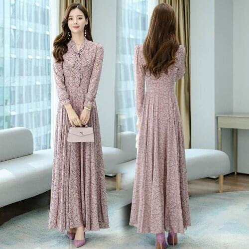 2021 New Spring Women Vintage Chiffion Floral Dresse Female Casual Flower Printed Long Soft Vestiods Ladies V-neck Dresses H121