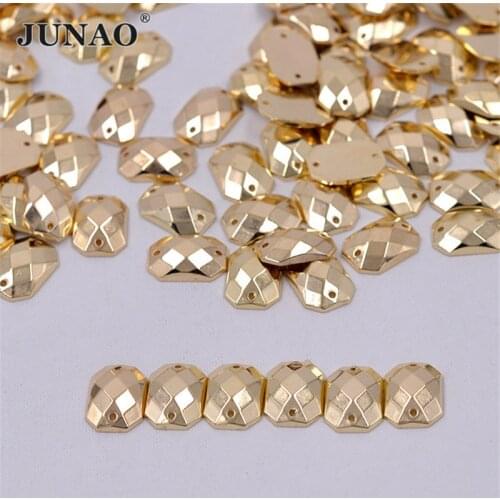 JUNAO 300pc 10*14mm Sewing Gold Rectangular Rhinestone Sew On Golden Crystal Stones Flatback Acrylic Gems for Clothes Decoration