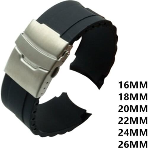 16mm 18mm 20mm 22mm 24mm 26mm Black Silicone Watch Band Men Women Sport Waterproof Folding Buckle Rubber Wrist Strap Bracelet