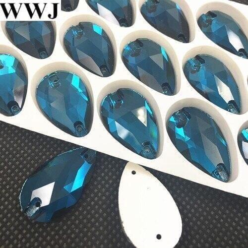 28pcs/box 10.5x18mm Pear Teardrop Sew On Rhinestones Blue Zircon Color 11x18mm Sewing Glass Crystal Stone