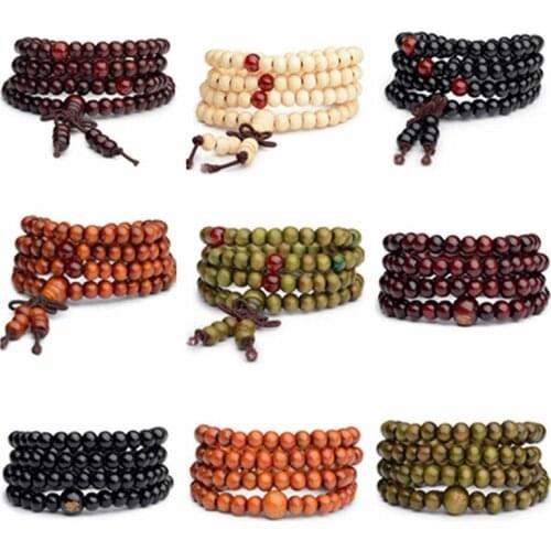 8 Styles 6mm Natural Sandalwood Buddhist Buddha Wood Prayer Beaded Knot Black Ebony Unisex Men Bracelets & Bangles for Women