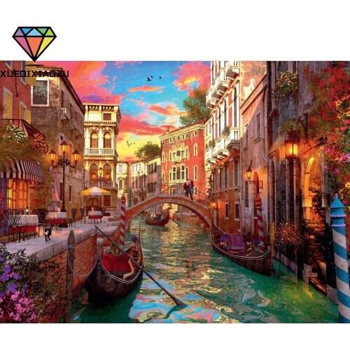 XUEQIXIAOZU Full Round City house scenery Diamond drawing Diamond embroidery 5D DIY Diamond setting Home decoration gifts