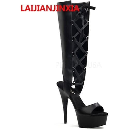 LAIJIANJINXIA Shinning Lace Up Party Queen 15cm High Heels Dancing Shoes Women Boots Mid-calf Shoes Knee Boots Dance shoes