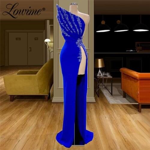 Dubai Beaded Blue Sexy Evening Dress High Split Side Mermaid Long Prom Dresses 2020 Custom Wedding Party Gowns Robe De Soiree