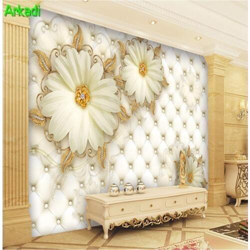 European soft bag floral jewelry 3d embossed background wall European modern minimalist living room TV background wallpaper
