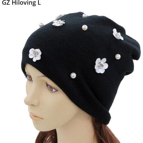 GZHilovingL Cotton Hat Women Autumn Winter Slouch Knitted Hat Flower Pearl Solid color Soft Knit Cap 2018 Women Girls Beanies