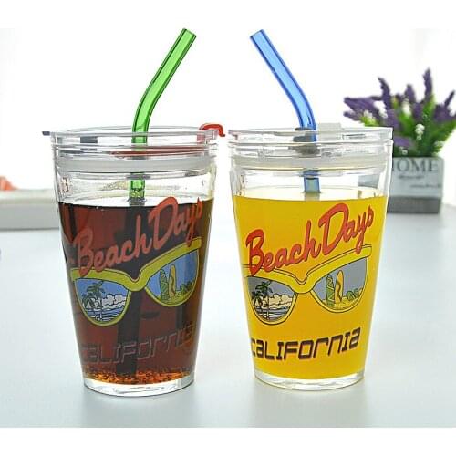 Fashion female graffiti sunglasses cup with lid creative cute juice milk tea cold drink cup thick borosilicate straw cup