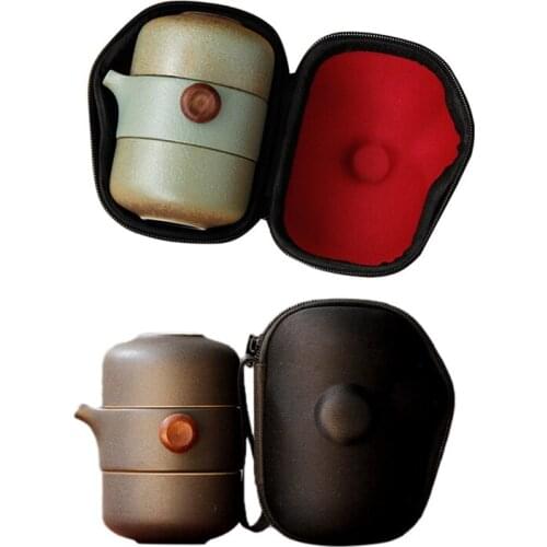 2 Set Japanese-Style Ceramic Teapot Lid Bowl Teacup Handmade Portable Travel Office Tea Set, Green & Black