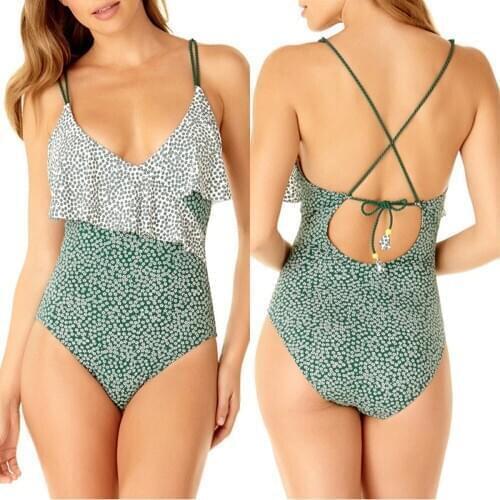 New Women Swimsuit One-Piece Suits Bathing Print Patchwork Ruffles Backless String Bandage V Neck Beach Padded Summer Wear 2020