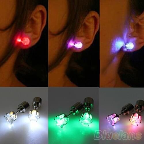 One Pair Light Up Led Blinking Stainless Steel Earrings Studs Dance Party Accessories for Xmas New Year Men Women 08MB