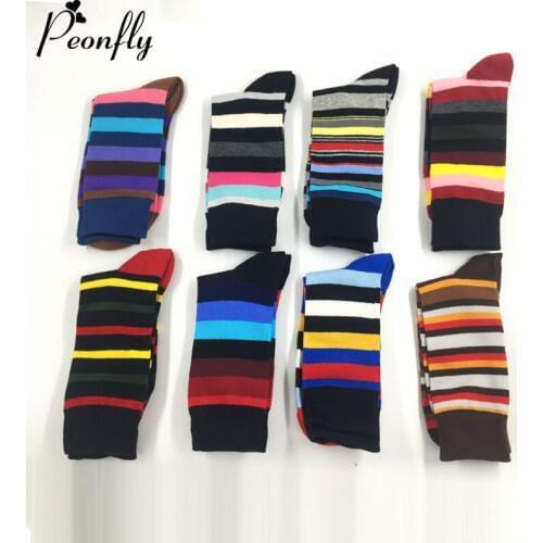 PEONFLY Novelty 2019 Happy Socks Men Classic Stripes Printed Cotton Harajuku Colorful Socks Crew Mens Socks Funny Gift