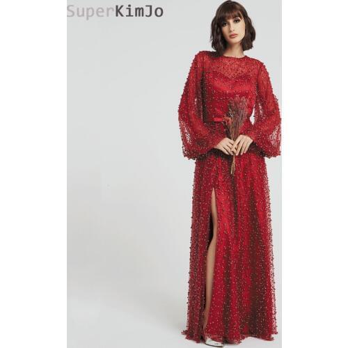 SuperKimJo Burgundy Prom Dresses Long Elegant Beaded A Line Flare Sleeve Prom Gown with Side Slit Vestido De Formatura Longo
