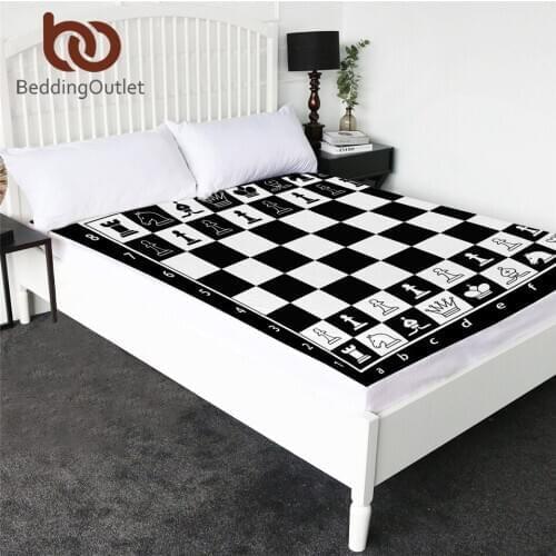 BeddingOutlet Chess Board Fitted Sheet Games Topper Sheets Black and White Bedding Sheet Squares Teen 1pc Bedlinen Queen Size