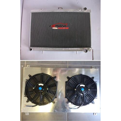 2 Row Alloy Aluminum Radiator + Shroud + Fans For Nissan Skyline S13 CA18 R32 RB20