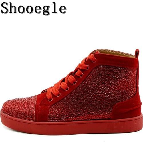 SHOOEGLE Red Gold White Men Rhinestone Sneaker High-top Diamond Lace-up Ankle Boots Zapatillas Hombre Casual Shoes Man EU39-EU47