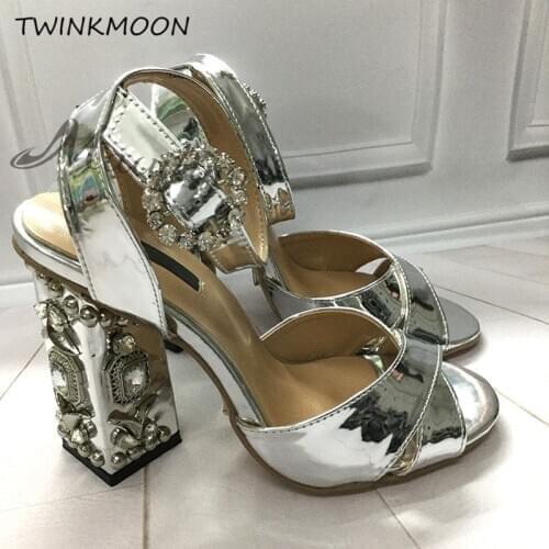 Rhinestone Chunky heels Sandals Women Jeweled High Heels Pumps Buckle Gold Silver Mirror Party Shoes Women zapatos de mujer