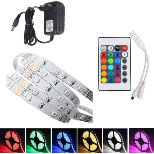 LED Strip Lights Flexible Ribbon 5050 RGB Stripe 5M Tape Diode With 24Key Mini Controller and LED Power Supply