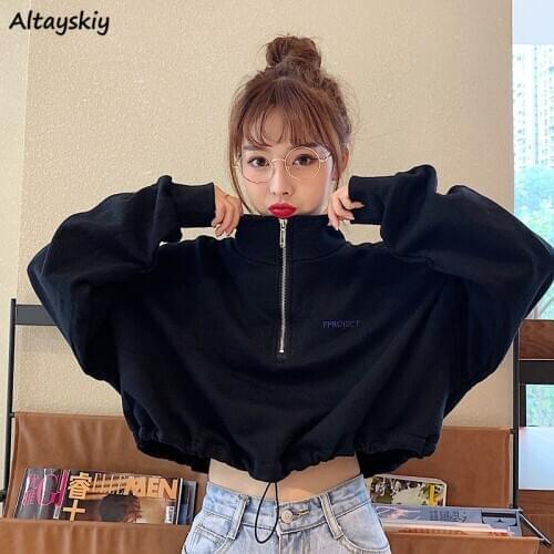 Cropped Sweatshirts Women Lovely All Match Streetwear Zipper College Turtleneck Trendy Ulzzang Simple Fashion Solid Autumn Chic
