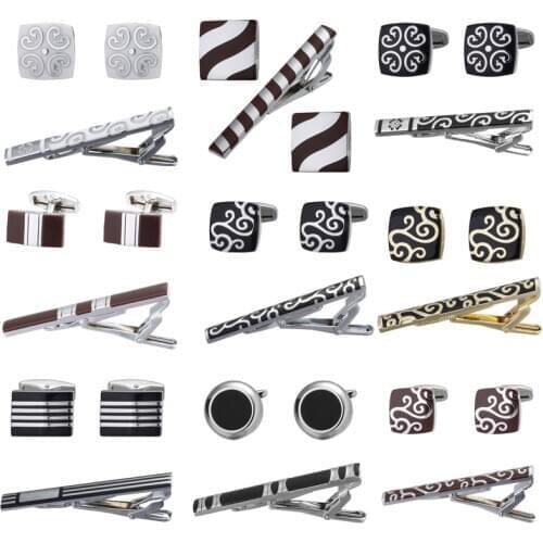 HYX High Quality Stainless Steel Enamel Cufflinks and Tie Clip Clasp Bar Set Gift For Men French Shirt 14 styles
