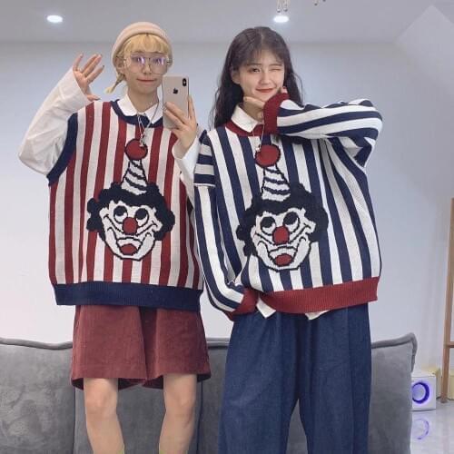 Japanese Loose Sweater Women Clown Cartoon Childlike Sweater Vest Womans 2021 College Style Striped Outerwear Knitted Sweater