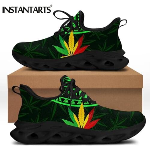 INSTANTARTS 3D Green Weed Leaves Printing Platform Sneakers for Women Breathable Lace up Flat Shoes Comfort Femme Footwear