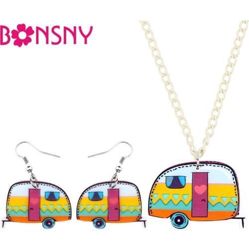 Bonsny Acrylic Jewelry Sets Car Camper Van Station Wagon Necklace Earrings Choker Fashion Pendant For Women Girl Teen Decoration