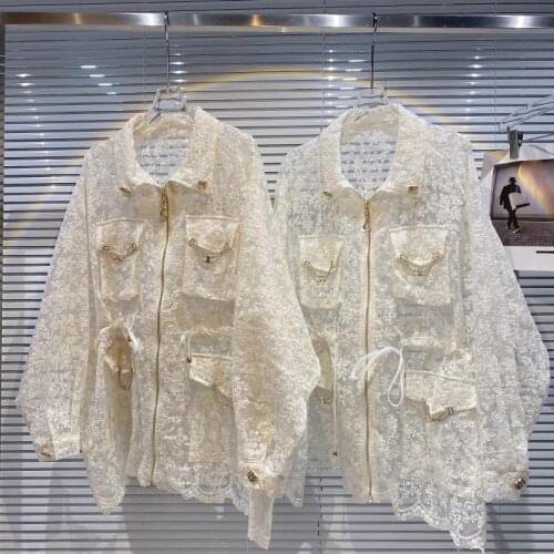 Womens jacket 2021 summer new style organza lace crocheted metal chain waist sun protection jacket female