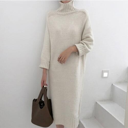 Wenfly Women Turtleneck Long Sleeve Knitting Dress Loose Casual KoreanFemale Sweater Winter Thicken Pullovers Mid-Calf Dresses