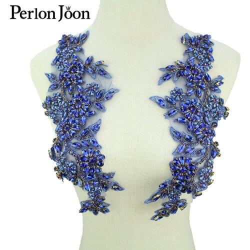 1 Pair Blue crystal lace applique high-end bridal wedding dress AB rhinestone glass neckline decoration Accessories WH053