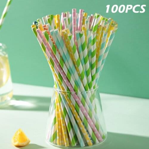 100Pcs/Set Colorful Striped Dot Disposable Paper Straws Holiday Wedding Birthday Party Supplies