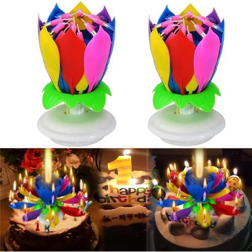 2Pcs/Set Fashion Amazing Romantic Musical Lotus Rotating Happy Birthday wedding Candle Magical Sparklers for Party Gift