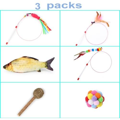 3Pcs Cat Toys Teaser Feather Stick Catnip Plush Ball Fish Suit Funny Kitten Interactive Toy The Cats Best Gift Goods For Kitten
