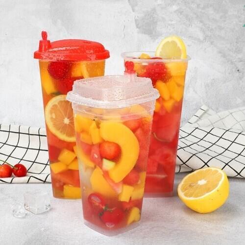 50pcs Creative transparent party favorite plastic drink cup summer cold drink large capacity disposable packaging cup with lid