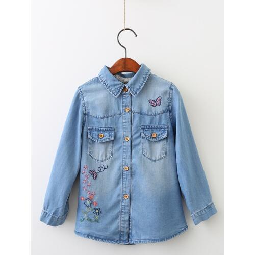 Everweekend Girls Butterfly Floral Embroidered Denim Blouses Lovely Kids Button Pocket Fall Shirts