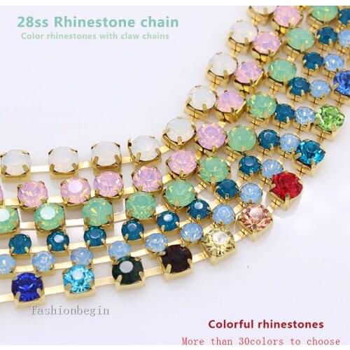 1-Row 1yard ss28 6mm Crystal colorful Rhinestones cup brass Chain necklace Trim craft costume Applique Wedding decoration jewels