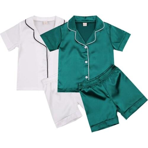 Toddler Kids Baby Boys Girls Pajamas Sleepwear Summer Short Sleeve Lapel Top with Button Elastic Waistband Shorts Clothes Set
